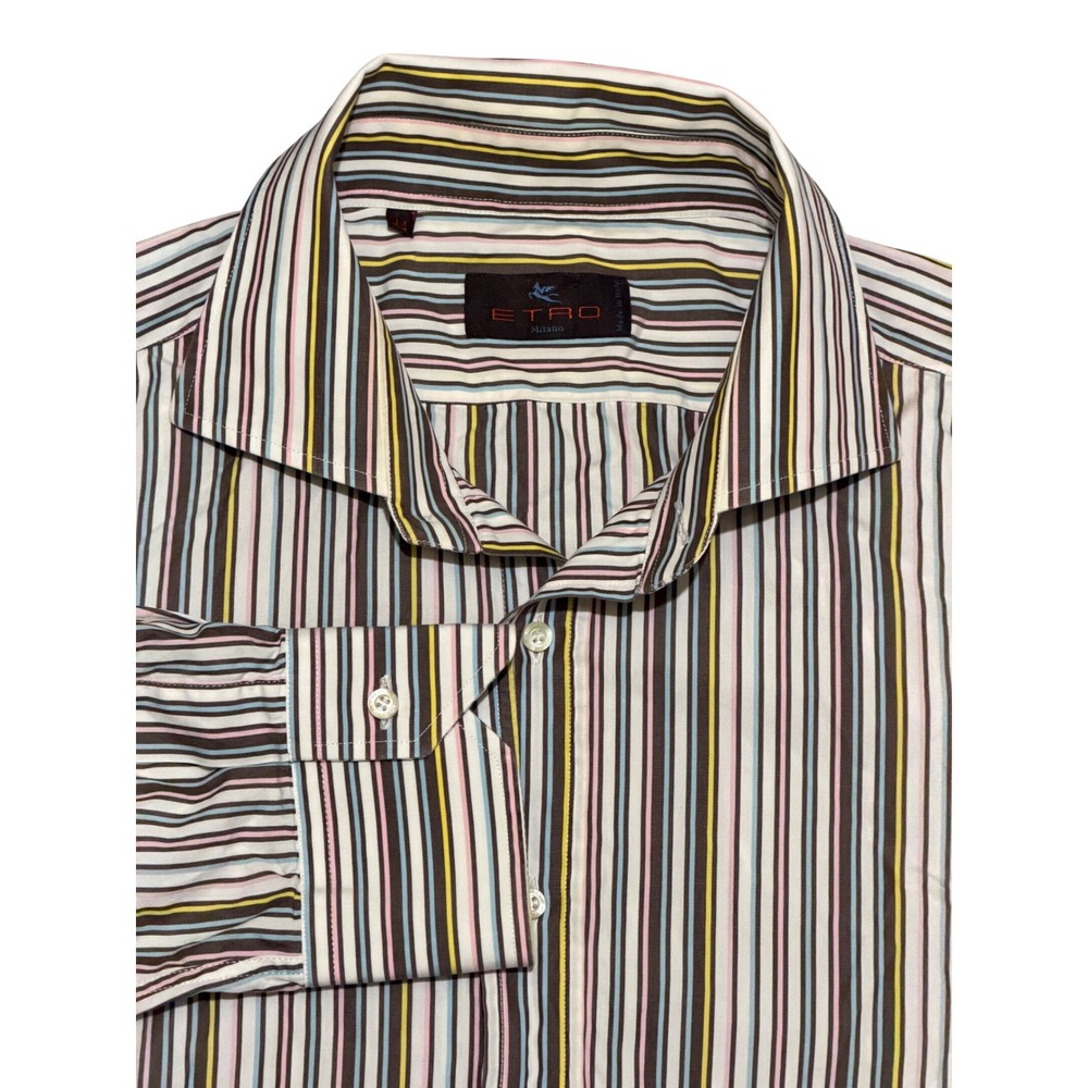 Etro Milano Mens Multi Color Striped Short Sleeve Button Down Shirt Size 44 IT